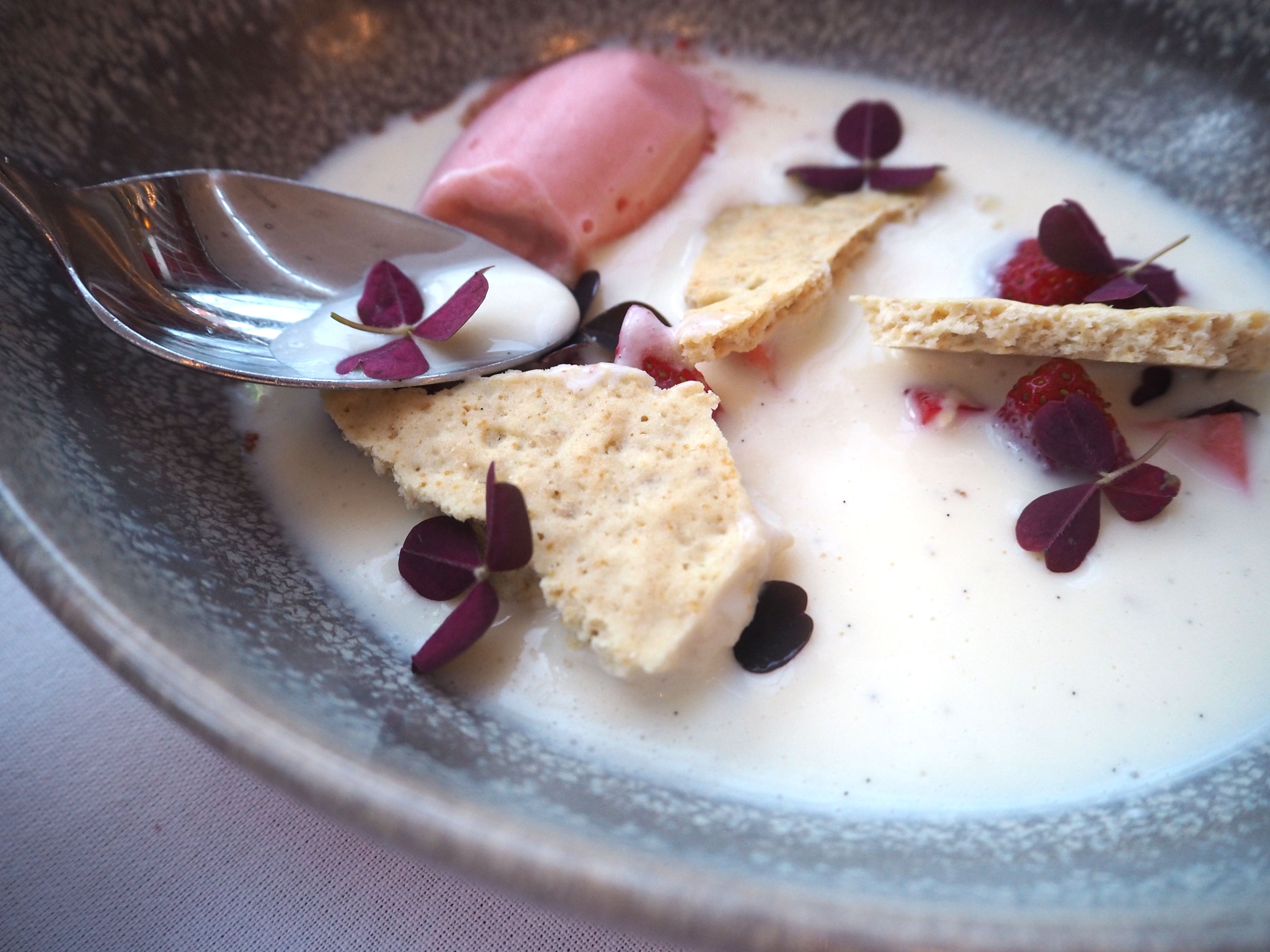 Central Kitchen Copenhagen - White chocolate soup - strawberry - vanilla biscuit